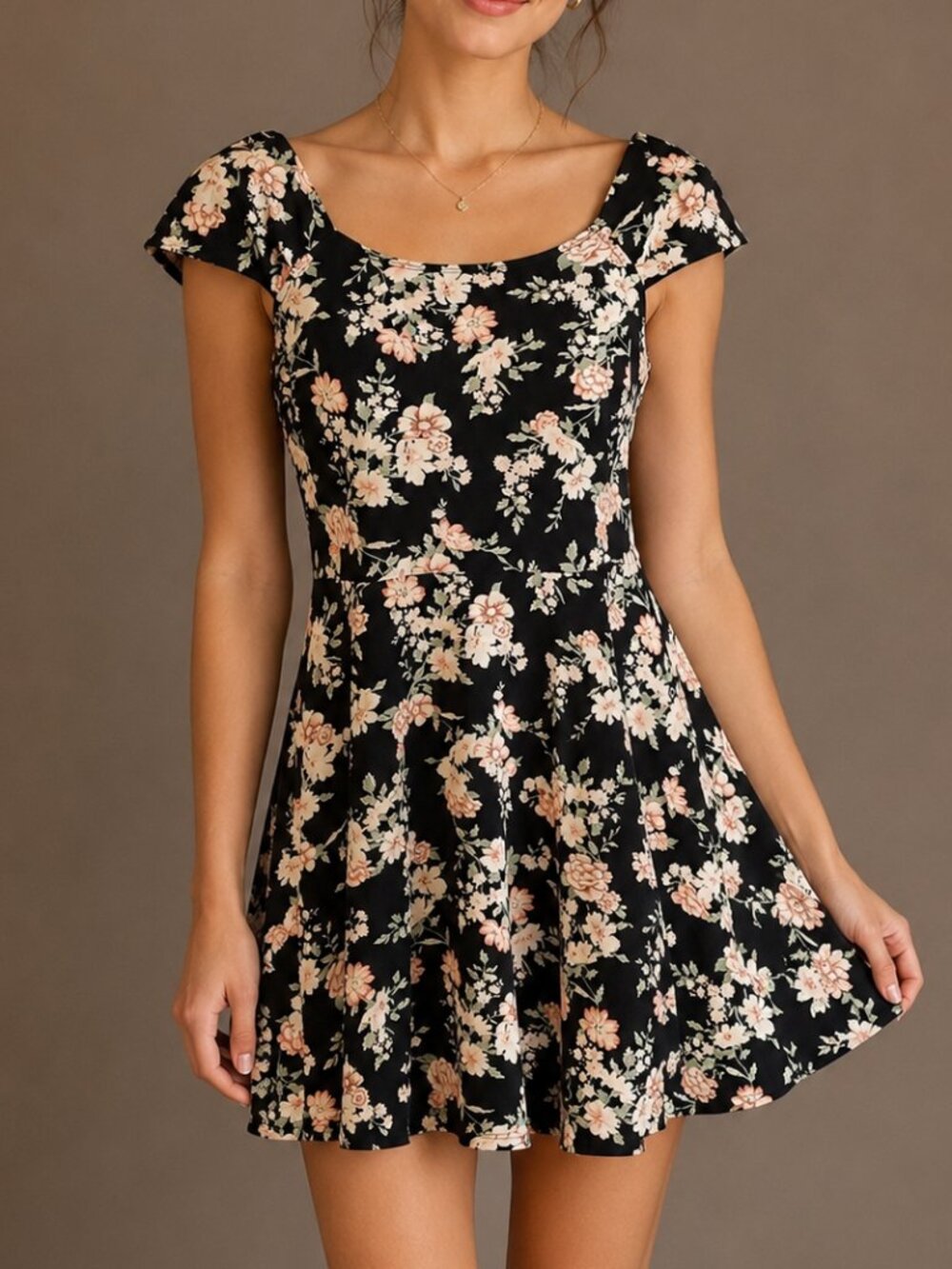 Forever 21 Black Floral Capped Sleeve Mini Dress